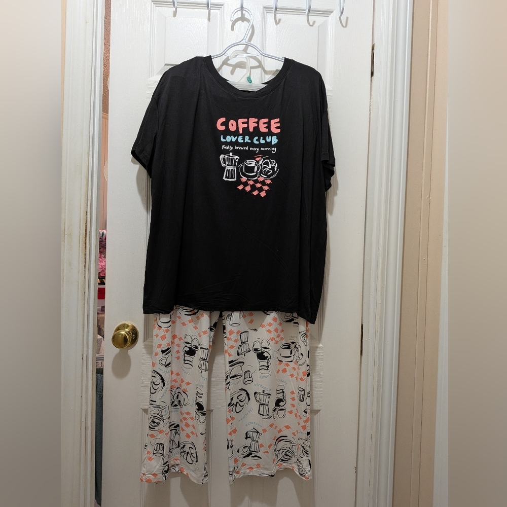 Coffee Lover Women's Pajama Set - Black Top with Cream & Pink Printed Pants